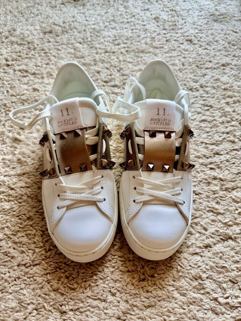Valentino Garavani Rockstud Untitled Calfskin Leather Sneakers with Metallic Bro